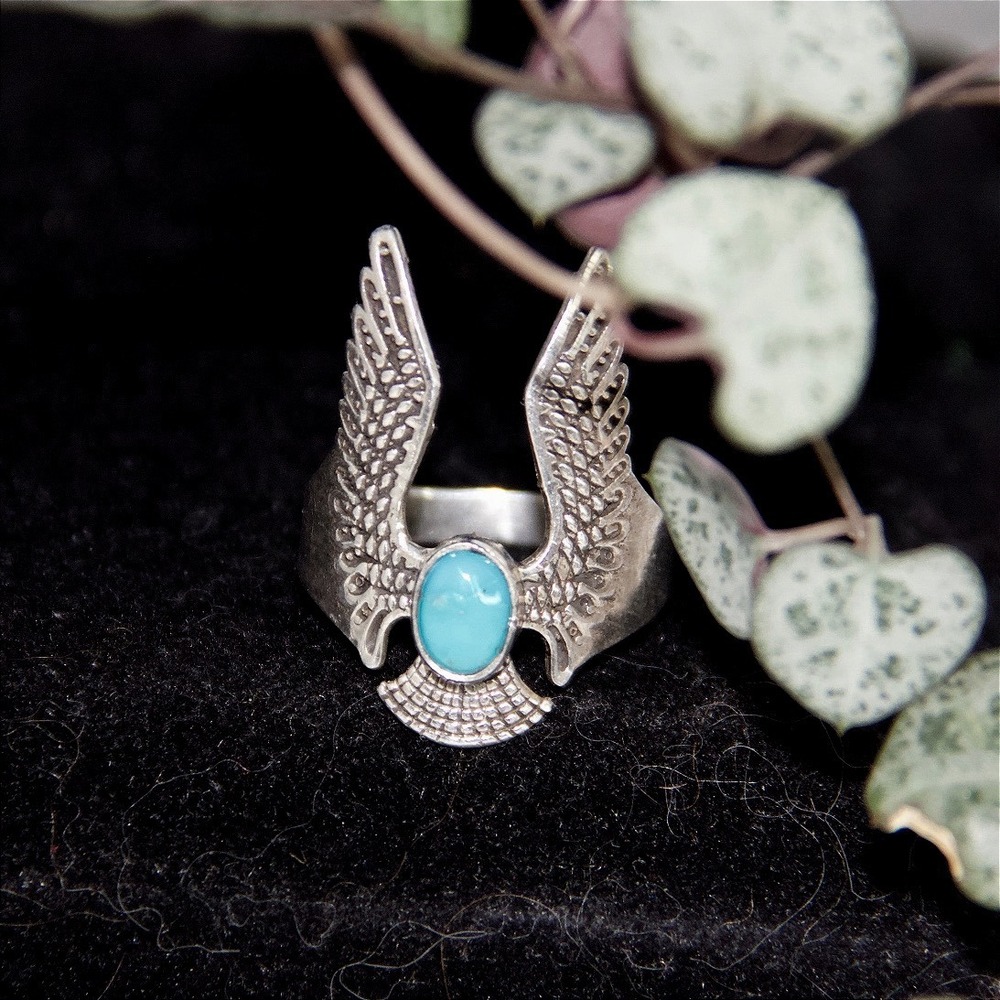 Sterling Silver Turquoise Thunderbird Wing Ring Size 9 Southwestern 925 Boho